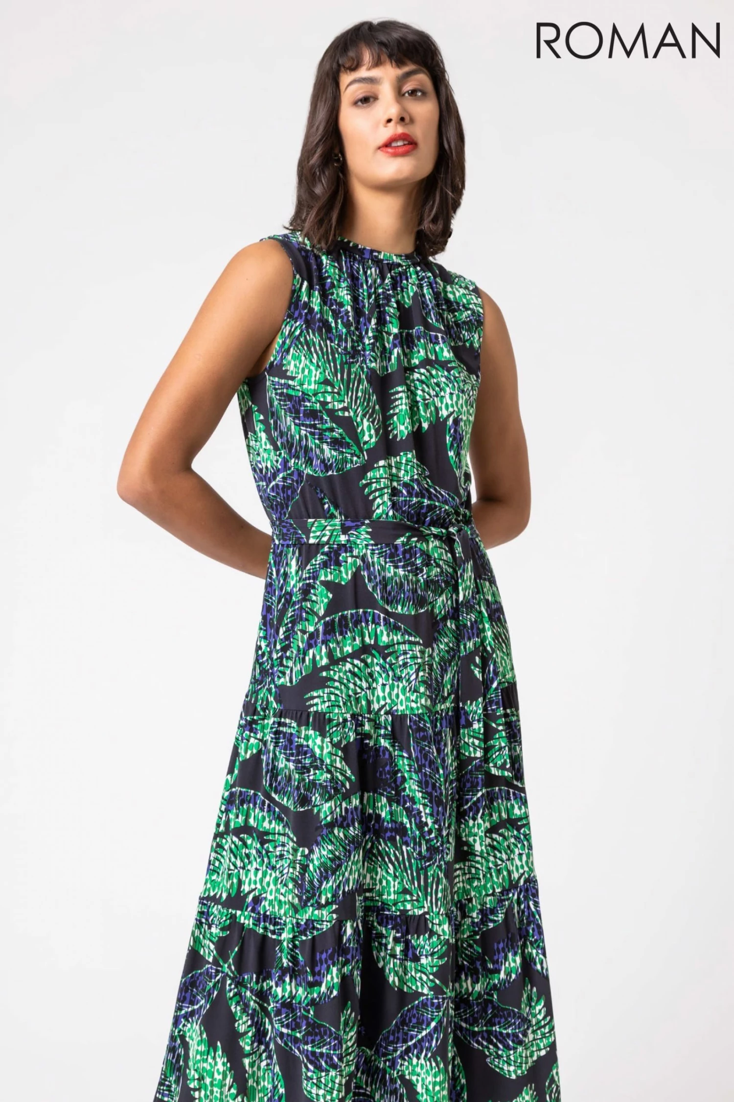 Roman Blue Abstract Leaf Print Tiered Midi Dress 3 Roman Blue Abstract Leaf Print Tiered Midi Dress