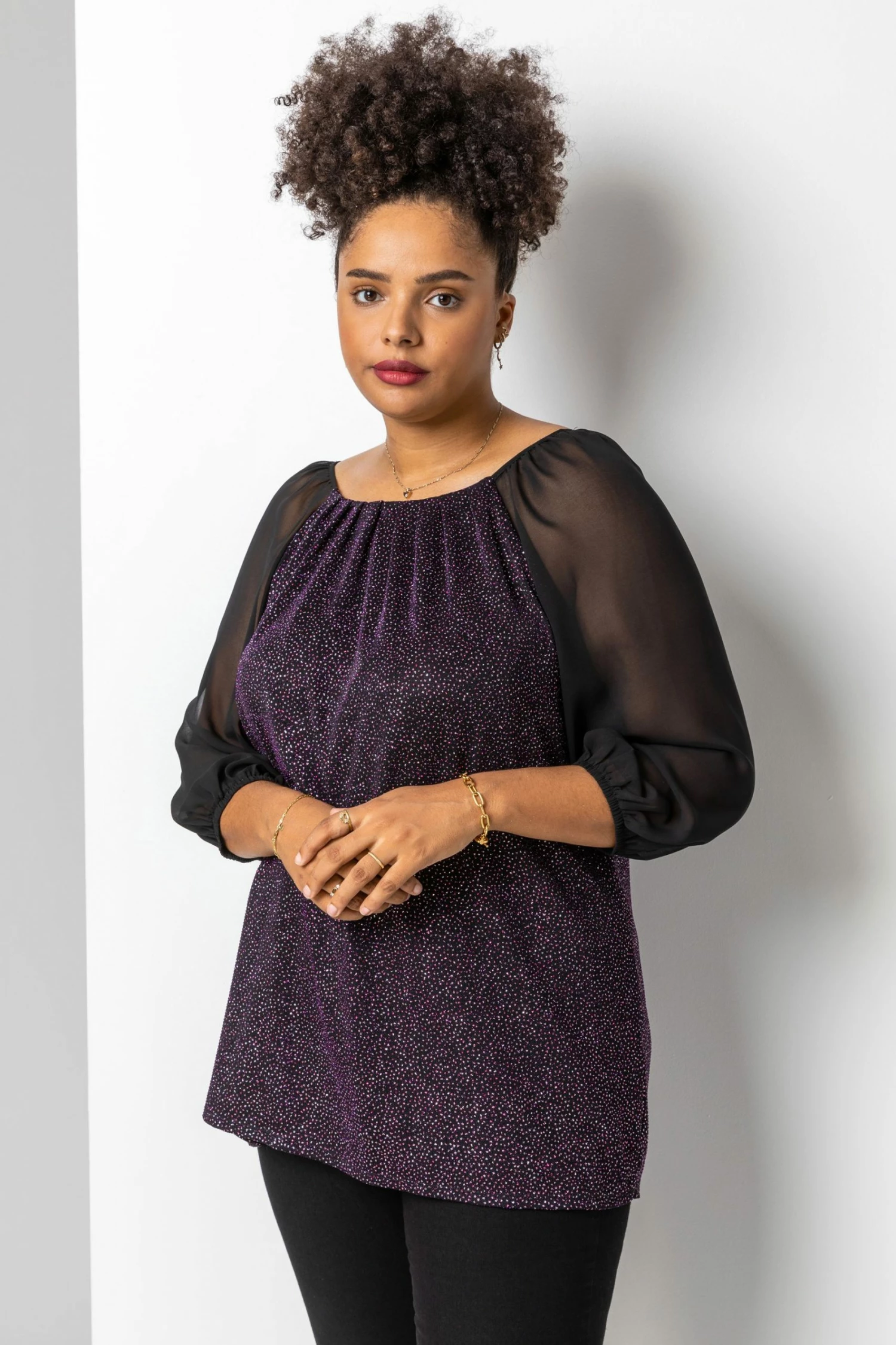 Roman Purple Curve Glitter Pleat Detail Top 4 Roman Purple Curve Glitter Pleat Detail Top - Image 2