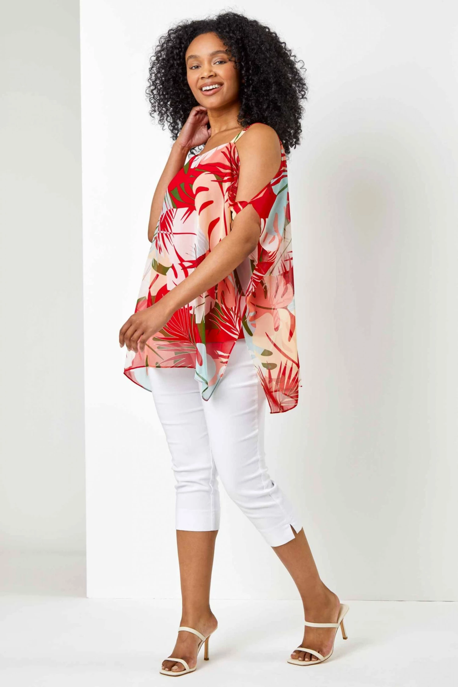 Roman Orange Petite Tropical Print Cold Shoulder Top 4 Roman Orange Petite Tropical Print Cold Shoulder Top - Image 2