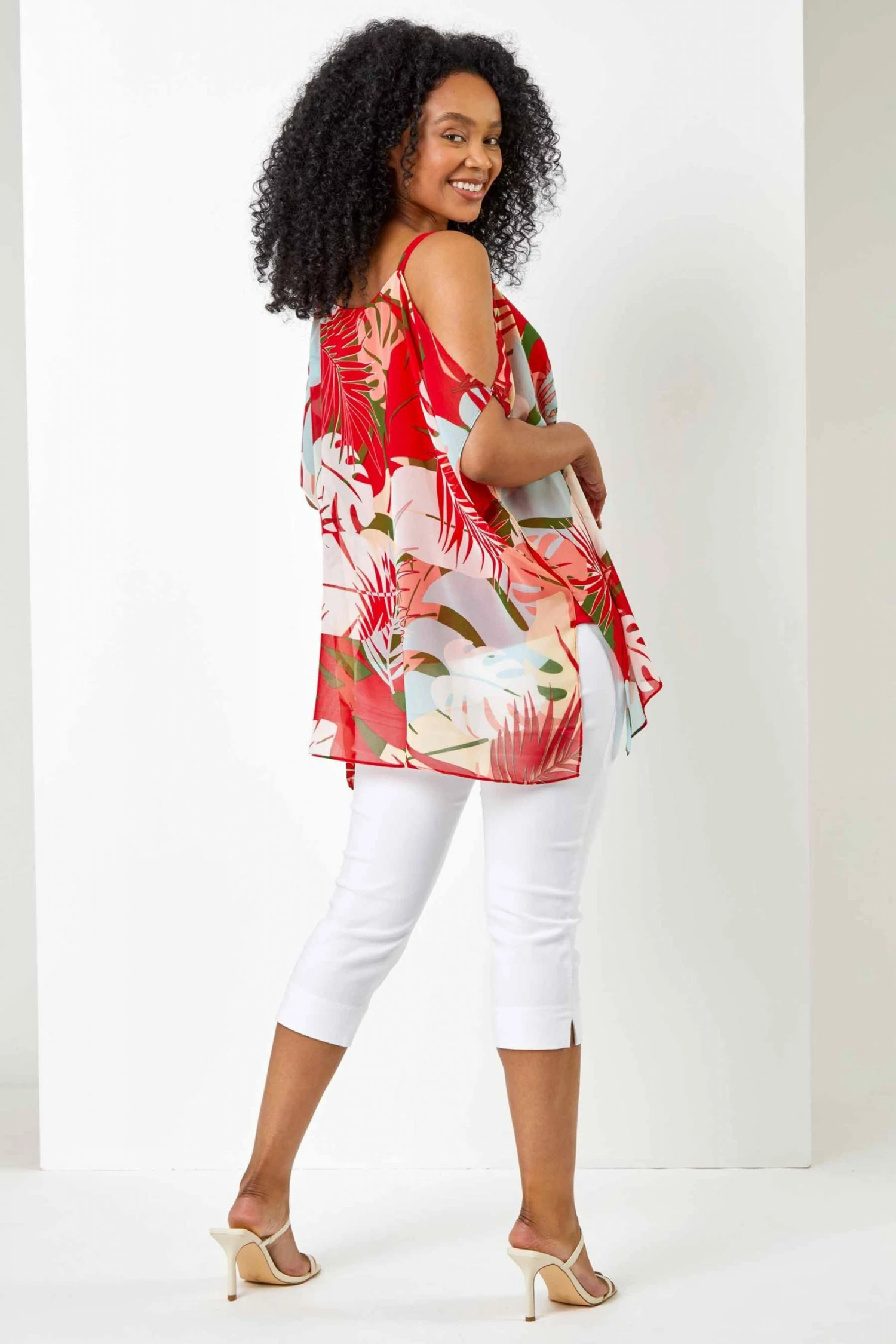 Roman Orange Petite Tropical Print Cold Shoulder Top 5 Roman Orange Petite Tropical Print Cold Shoulder Top - Image 3