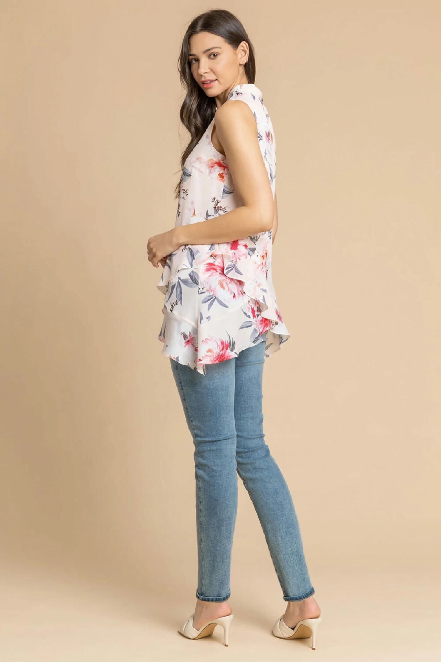 Roman Pink Floral Twist Neck Frill Top 4 Roman Pink Floral Twist Neck Frill Top - Image 2