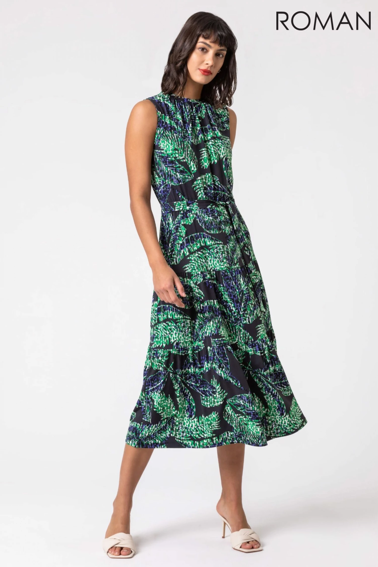 Roman Blue Abstract Leaf Print Tiered Midi Dress 5 Roman Blue Abstract Leaf Print Tiered Midi Dress - Image 3