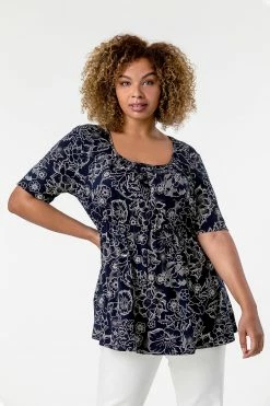 Roman Navy Curve Floral Print Gathered Top -Roman Sales Shop unnamed file 7529