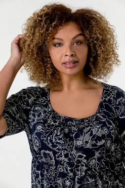 Roman Navy Curve Floral Print Gathered Top -Roman Sales Shop unnamed file 7530