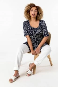 Roman Navy Curve Floral Print Gathered Top -Roman Sales Shop unnamed file 7531