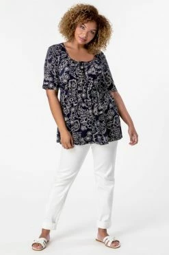 Roman Navy Curve Floral Print Gathered Top -Roman Sales Shop unnamed file 7532