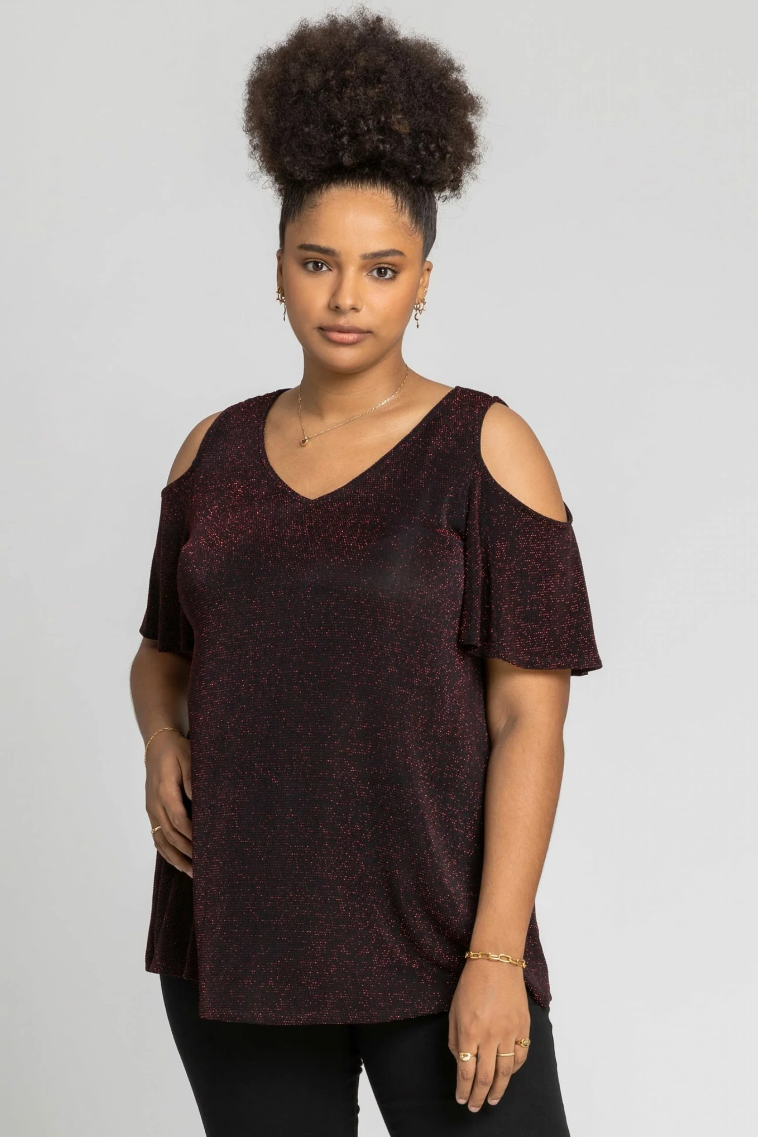 Roman Red Curve Cold Shoulder Shimmer Top 3 Roman Red Curve Cold Shoulder Shimmer Top