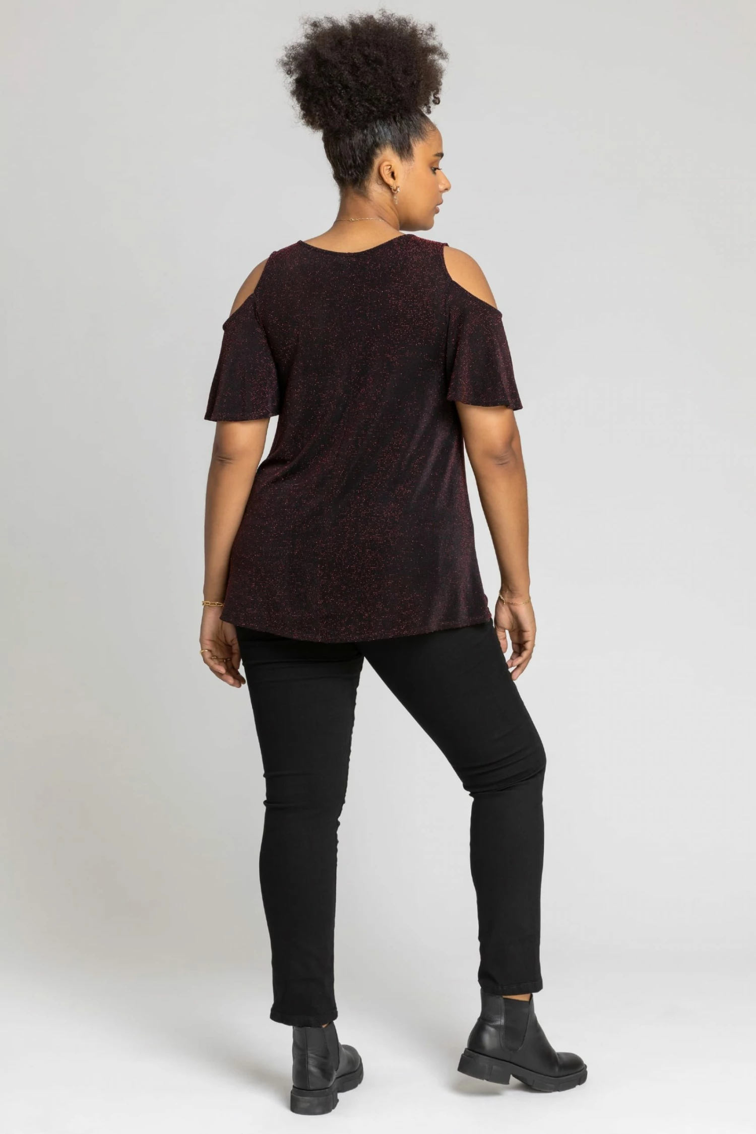 Roman Red Curve Cold Shoulder Shimmer Top 4 Roman Red Curve Cold Shoulder Shimmer Top - Image 2