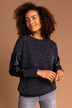 Roman Grey Ribbed Faux Leather Panel Top