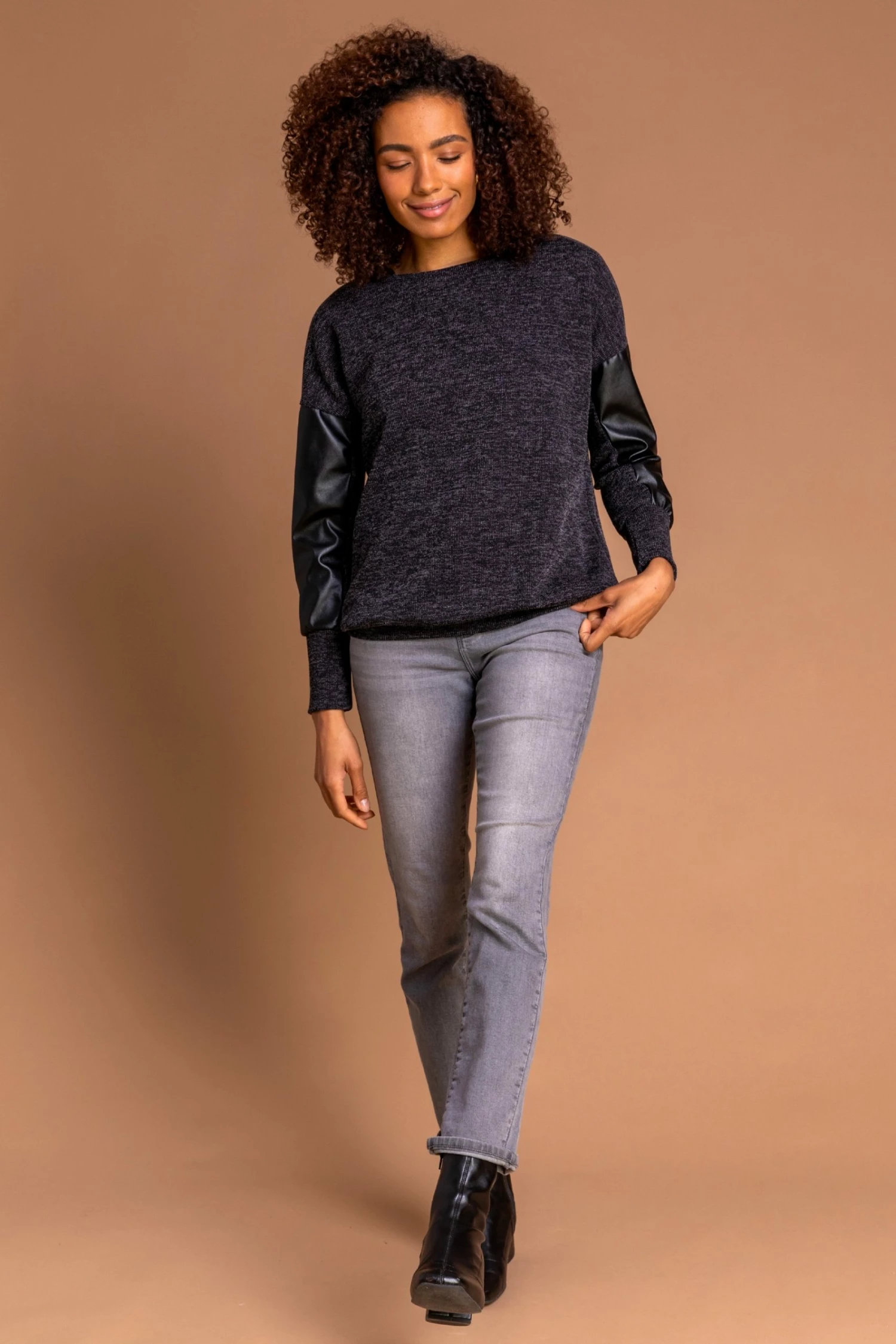 Roman Grey Ribbed Faux Leather Panel Top 5 Roman Grey Ribbed Faux Leather Panel Top - Image 3