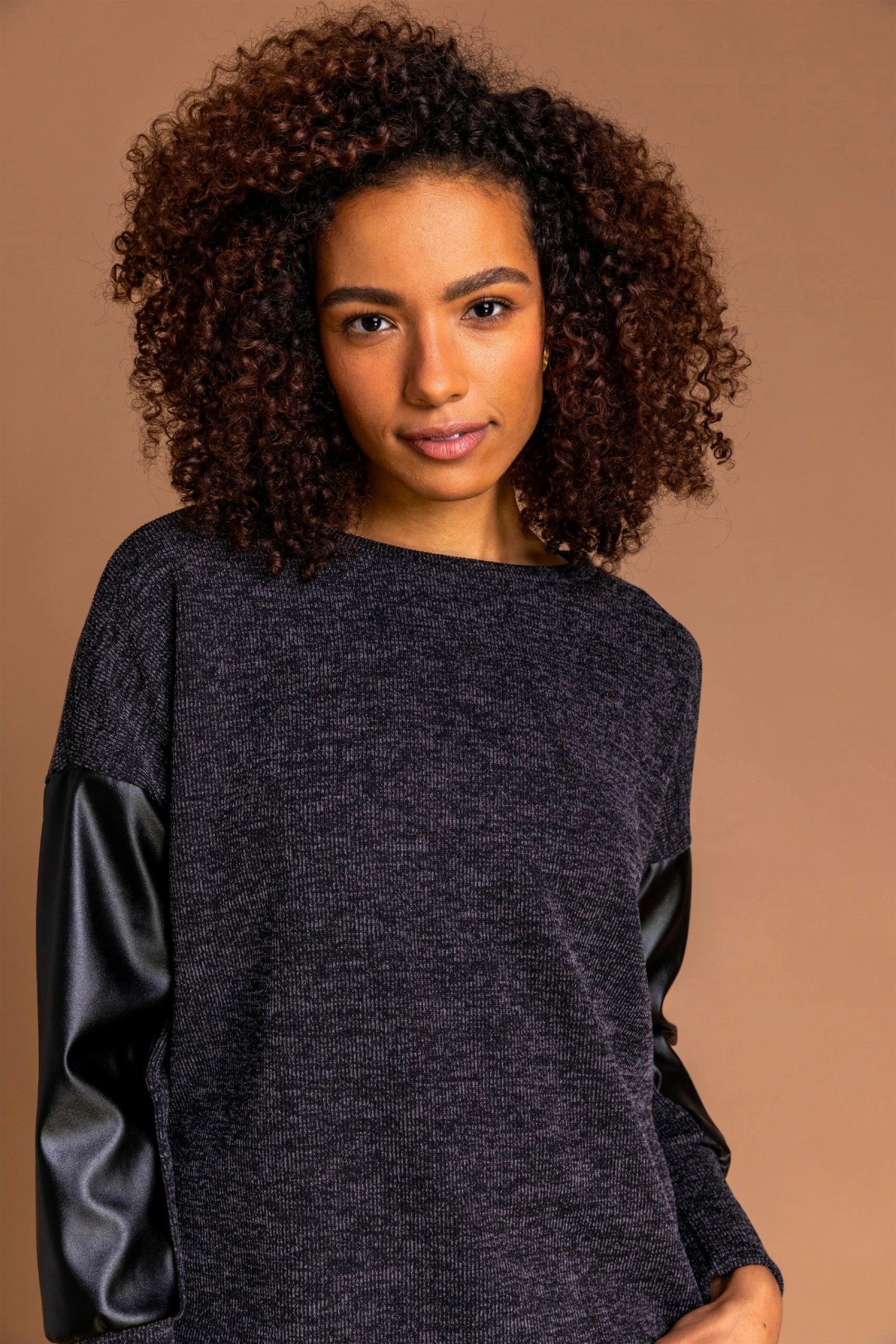 Roman Grey Ribbed Faux Leather Panel Top 6 Roman Grey Ribbed Faux Leather Panel Top - Image 4