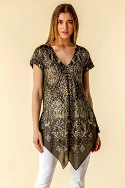 Roman Khaki Paisley Print Hanky Hem Top