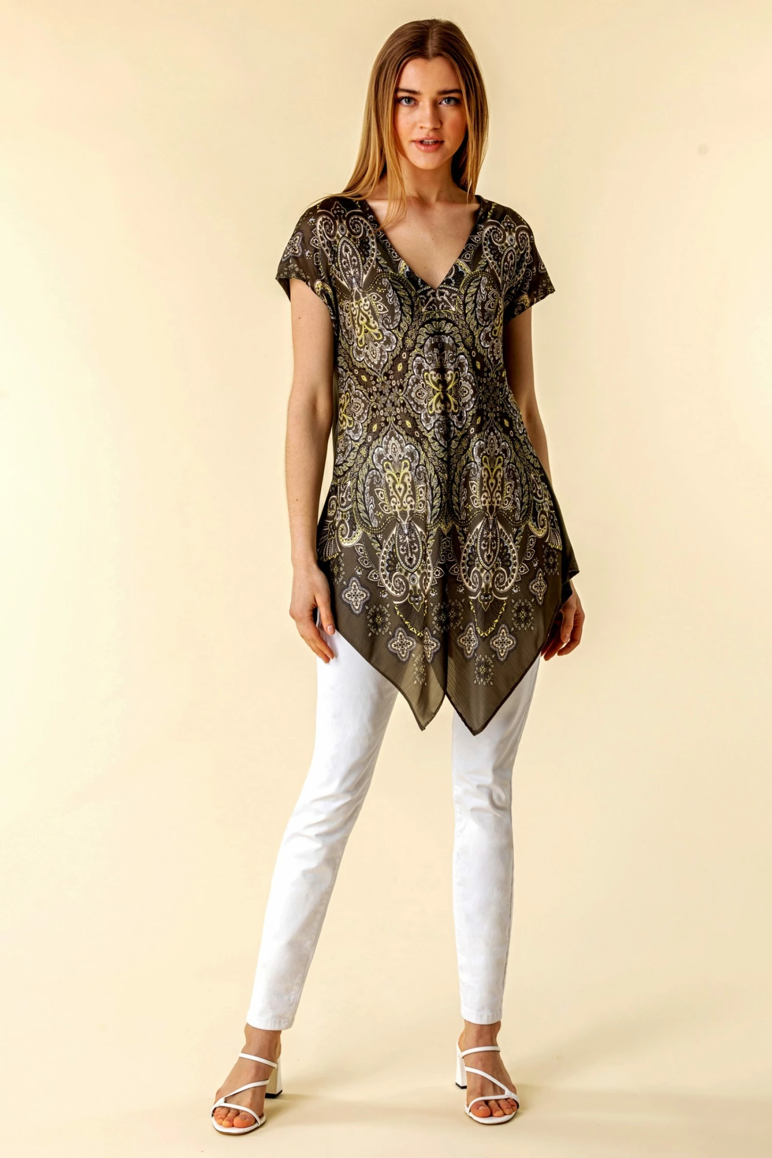 Roman Khaki Paisley Print Hanky Hem Top 4 Roman Khaki Paisley Print Hanky Hem Top - Image 2