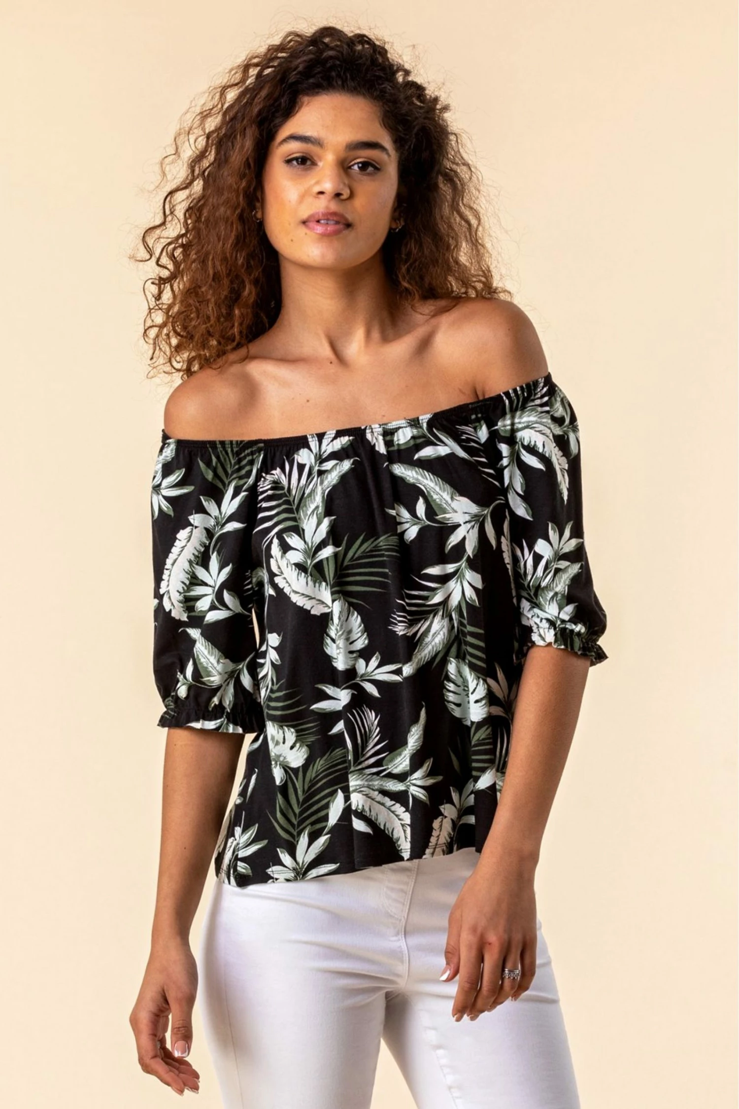 Roman Black Palm Leaf Print Bardot Top 3 Roman Black Palm Leaf Print Bardot Top