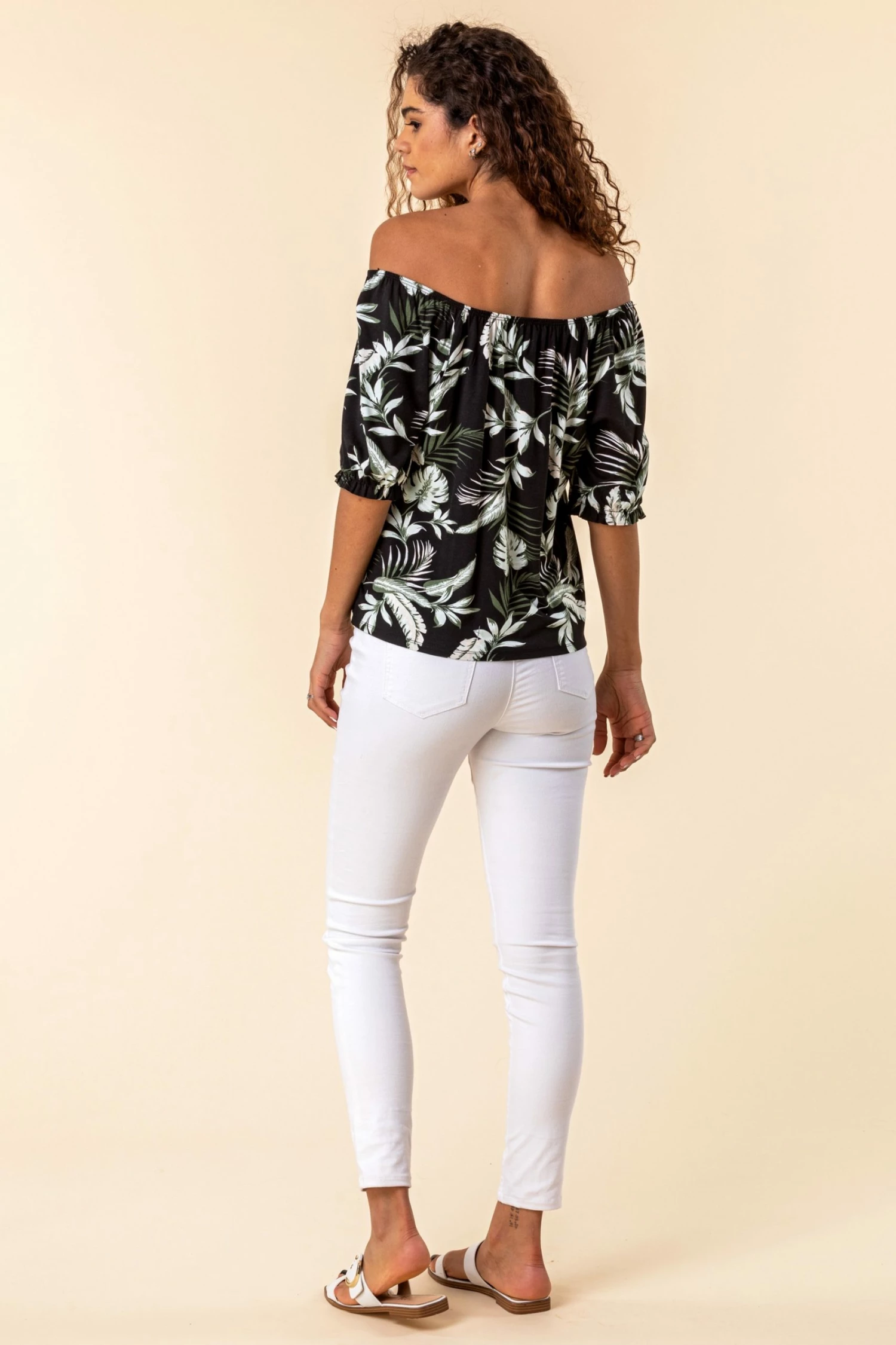 Roman Black Palm Leaf Print Bardot Top 5 Roman Black Palm Leaf Print Bardot Top - Image 3