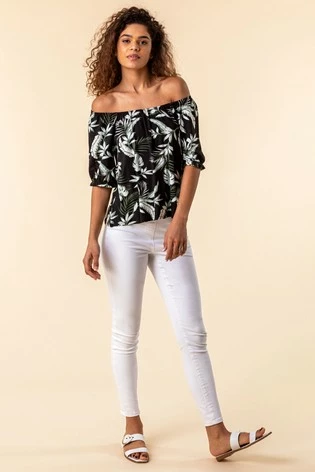 Roman Black Palm Leaf Print Bardot Top 8 Roman Black Palm Leaf Print Bardot Top - Image 6