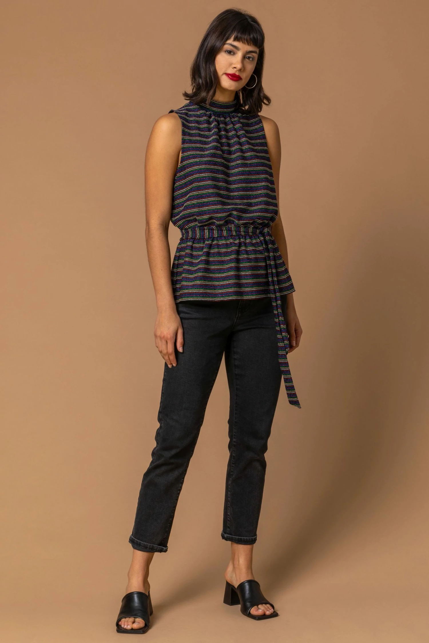Roman Mutli Sparkle Stripe Print Belted Top 4 Roman Mutli Sparkle Stripe Print Belted Top - Image 2