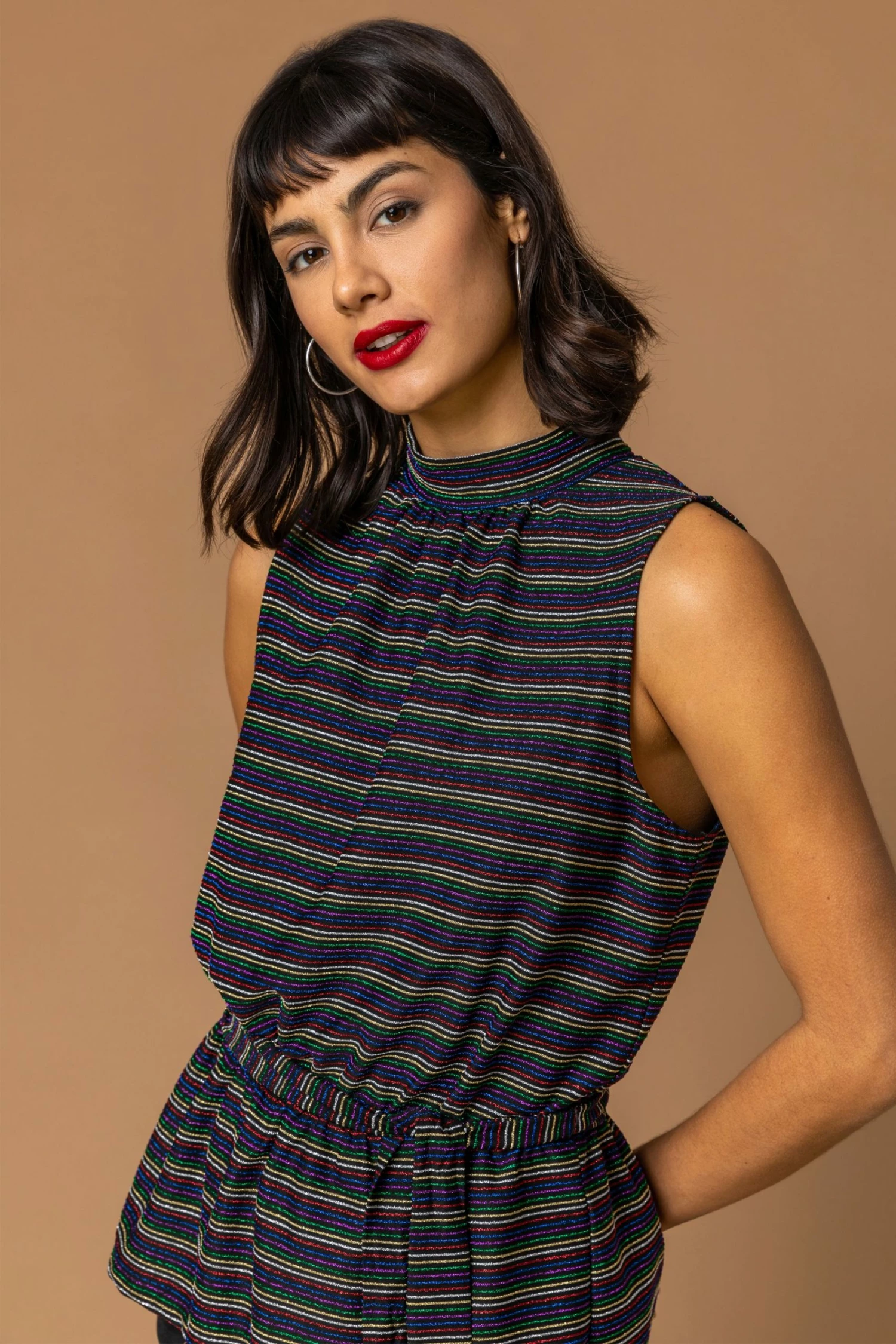 Roman Mutli Sparkle Stripe Print Belted Top 6 Roman Mutli Sparkle Stripe Print Belted Top - Image 4