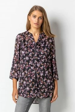 Roman Purple Shimmer Stripe Floral Print Blouse