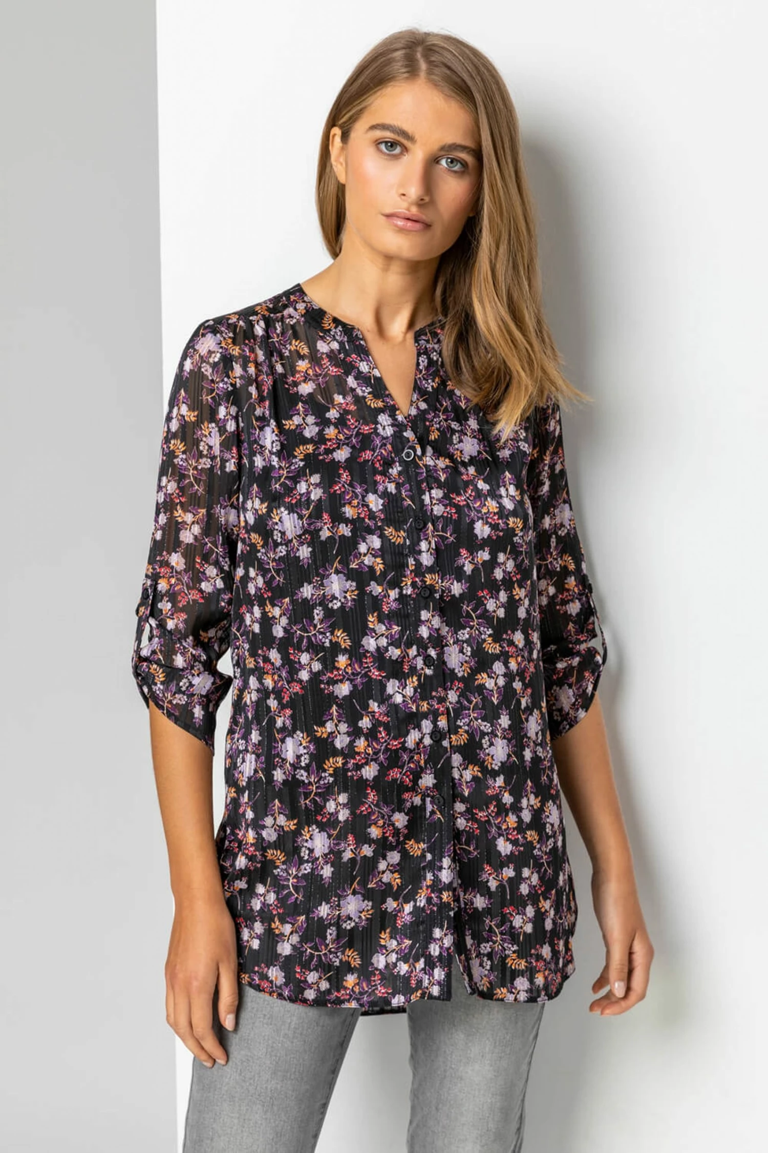 Roman Purple Shimmer Stripe Floral Print Blouse 4 Roman Purple Shimmer Stripe Floral Print Blouse - Image 2