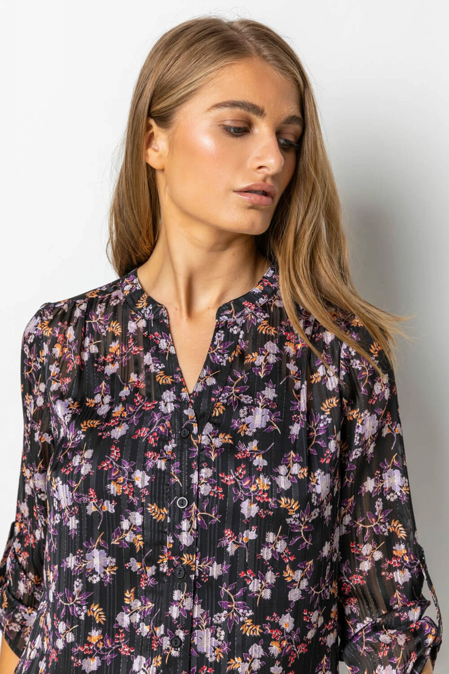 Roman Purple Shimmer Stripe Floral Print Blouse 6 Roman Purple Shimmer Stripe Floral Print Blouse - Image 4