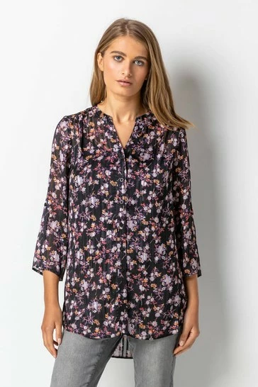 Roman Purple Shimmer Stripe Floral Print Blouse 7 Roman Purple Shimmer Stripe Floral Print Blouse - Image 5