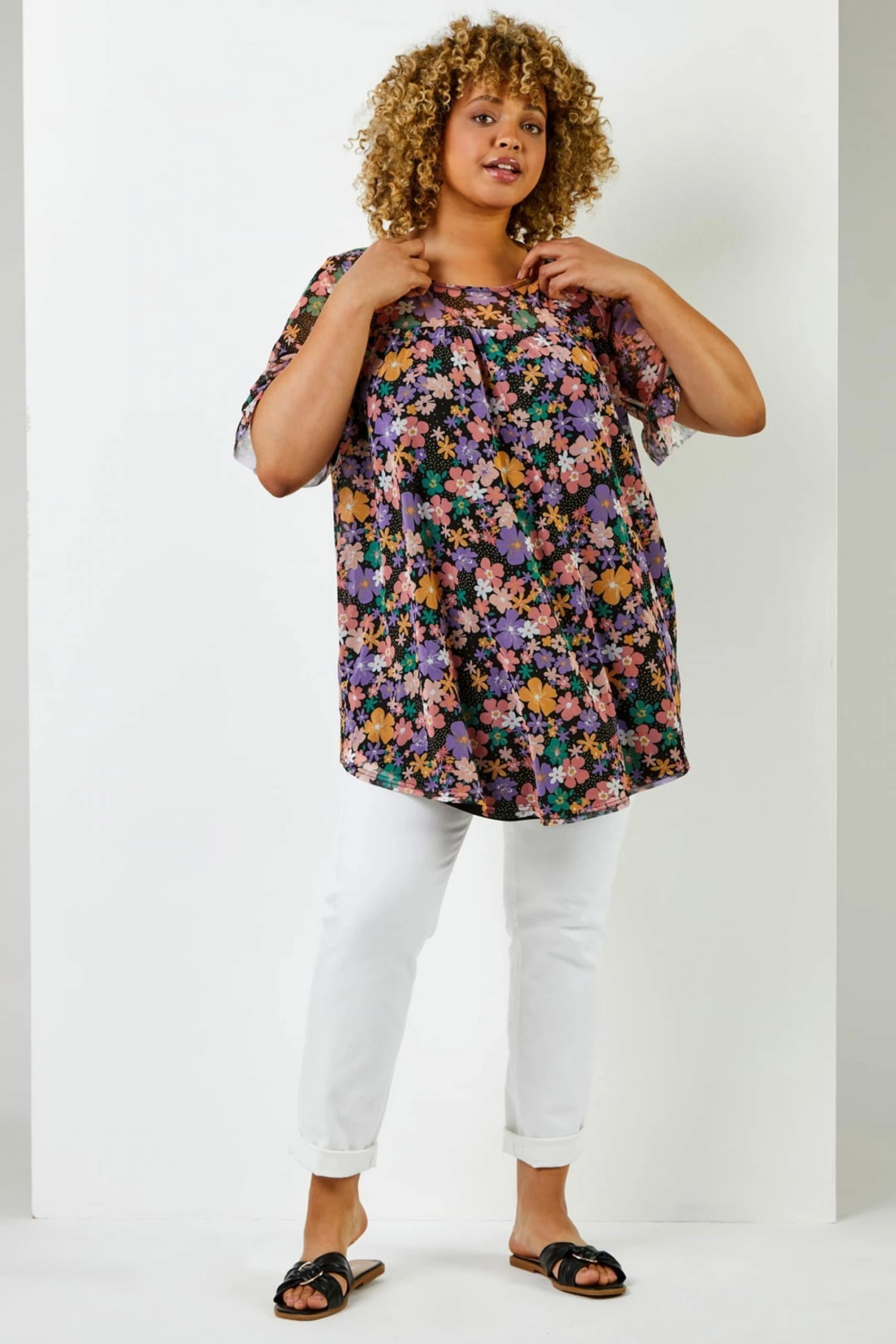 Roman Black Curve Floral Print Mesh Yoke Top 4 Roman Black Curve Floral Print Mesh Yoke Top - Image 2