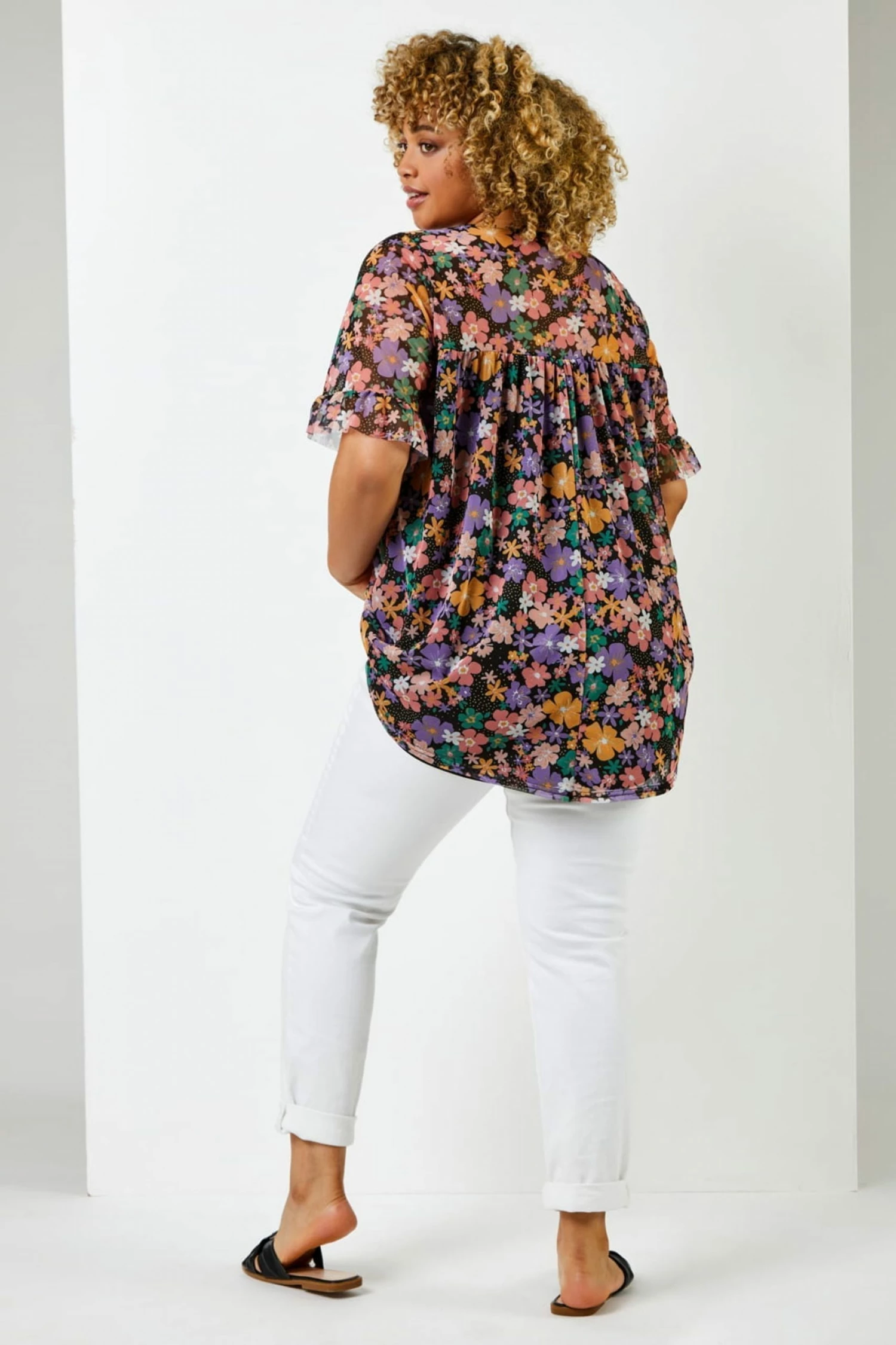 Roman Black Curve Floral Print Mesh Yoke Top 5 Roman Black Curve Floral Print Mesh Yoke Top - Image 3