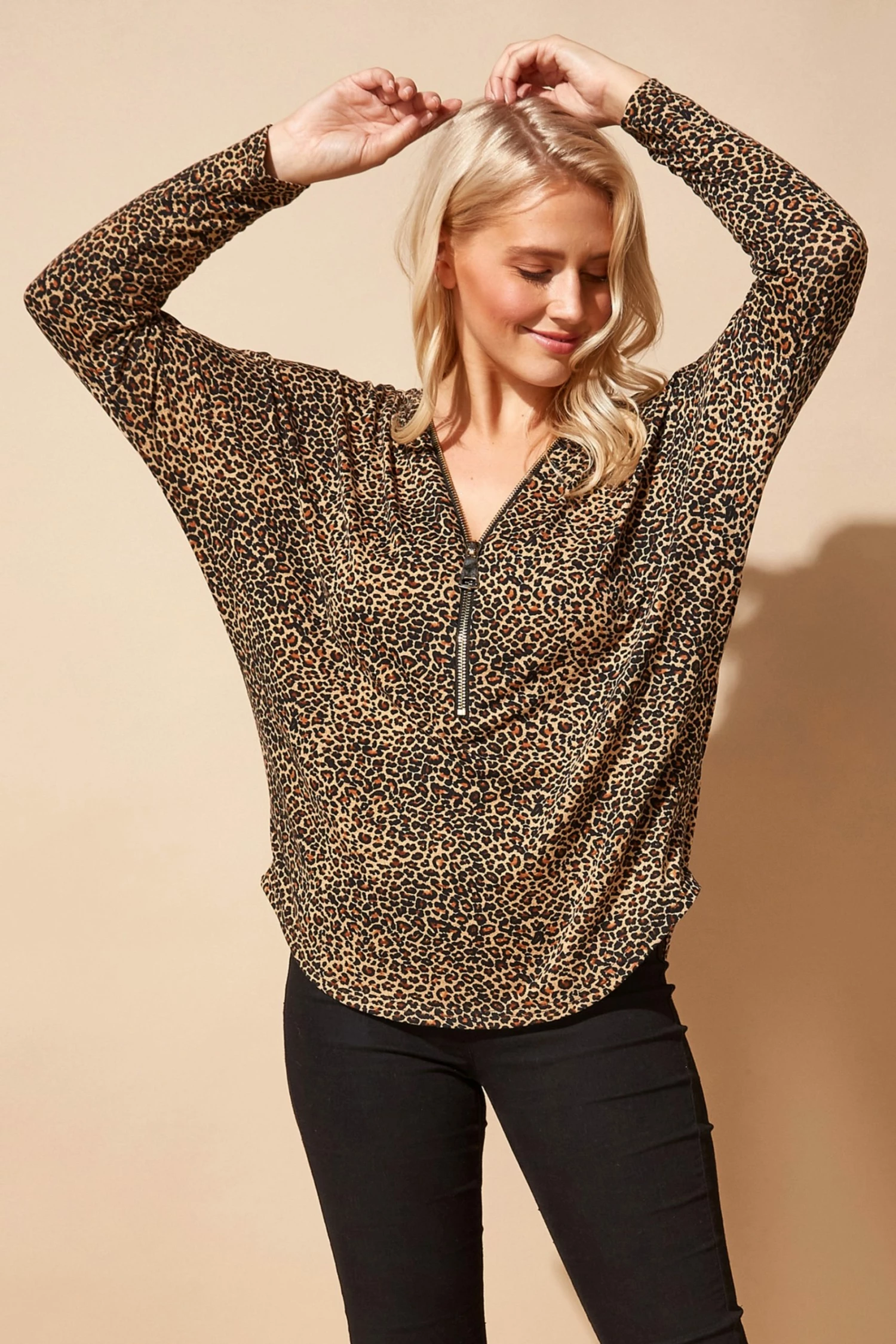 Roman Cream Animal Print Zip Front Top 3 Roman Cream Animal Print Zip Front Top