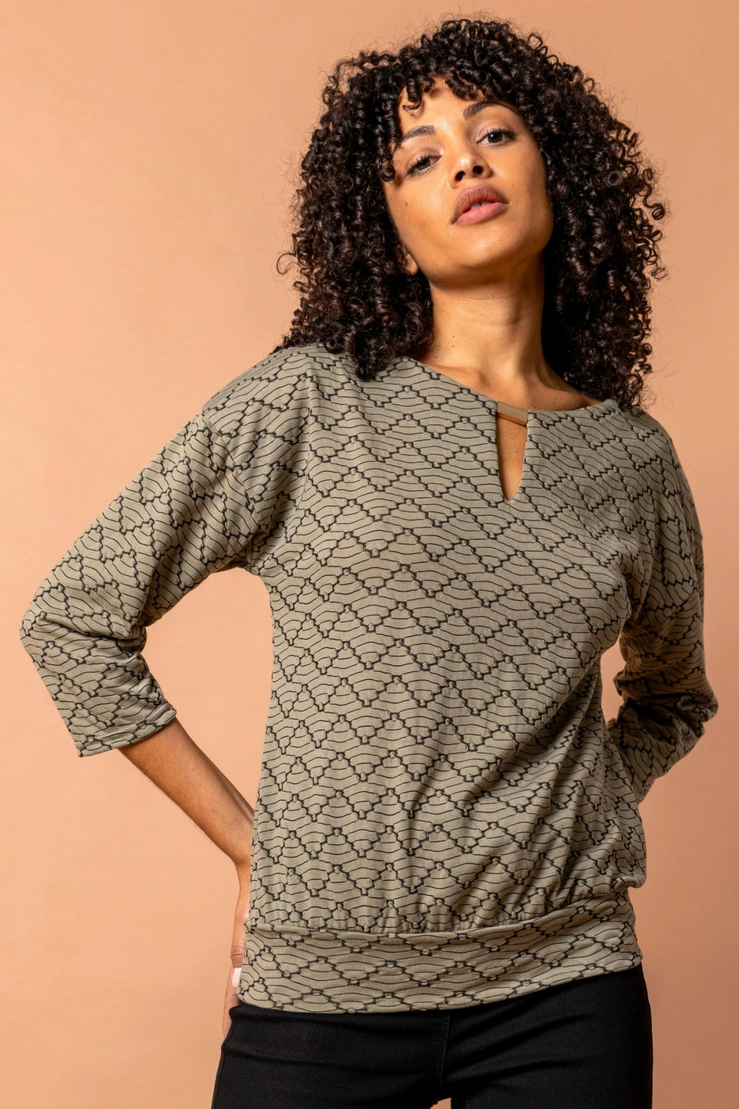 Roman Khaki Keyhole Detail Textured Blouson Top 3 Roman Khaki Keyhole Detail Textured Blouson Top