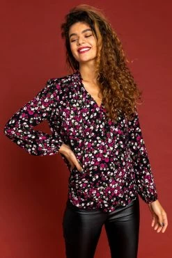 Roman Purple Ditsy Floral Tie Neck Blouse