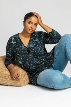 Roman Blue Curve Floral Button Detail Top