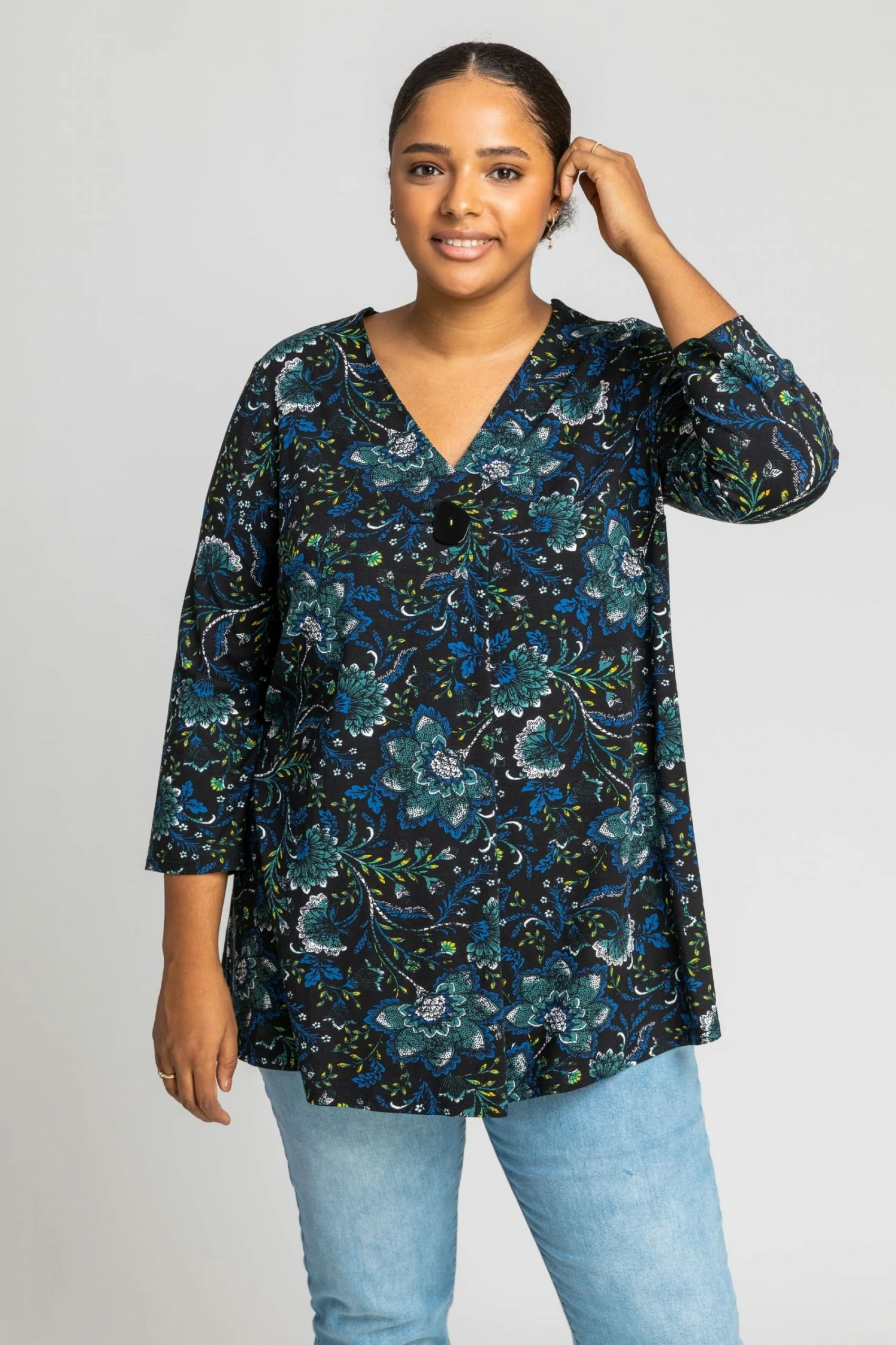 Roman Blue Curve Floral Button Detail Top 7 Roman Blue Curve Floral Button Detail Top - Image 5