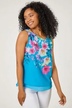 Roman Blue Petite Floral Print Chiffon Overlay Top