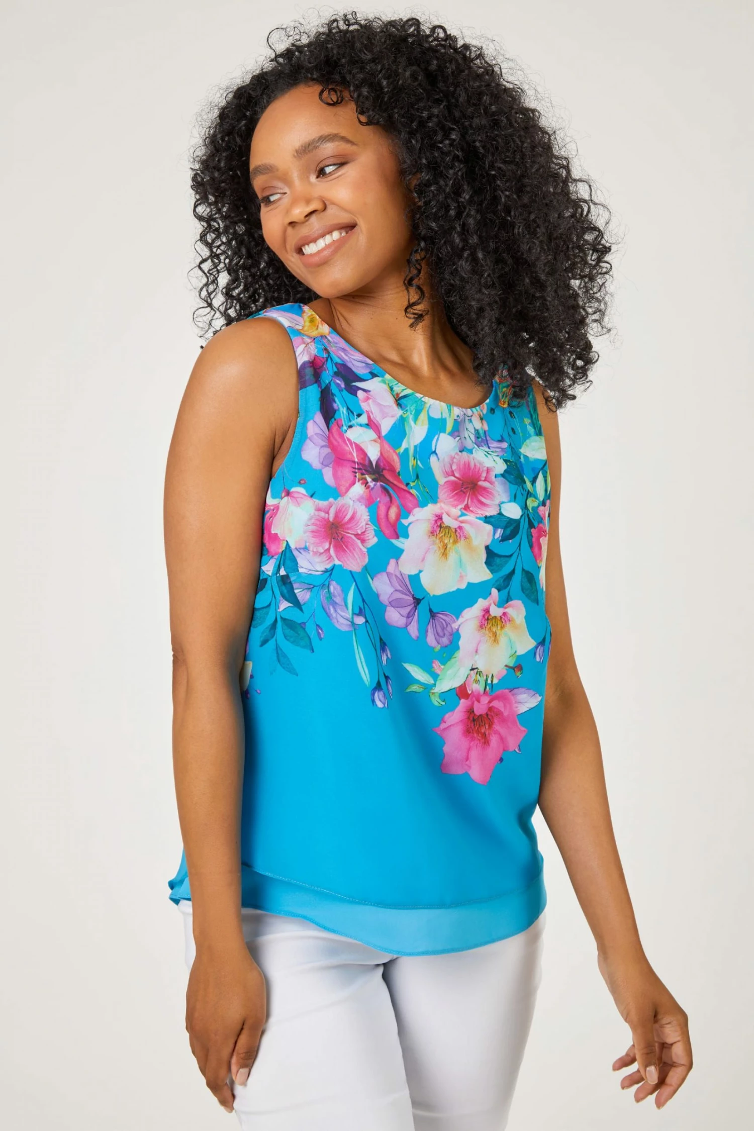 Roman Blue Petite Floral Print Chiffon Overlay Top 3 Roman Blue Petite Floral Print Chiffon Overlay Top