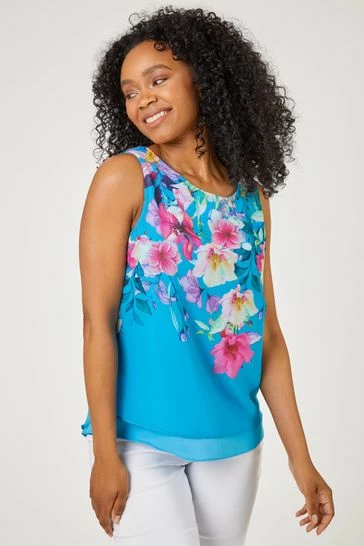 Roman Blue Petite Floral Print Chiffon Overlay Top 8 Roman Blue Petite Floral Print Chiffon Overlay Top - Image 6