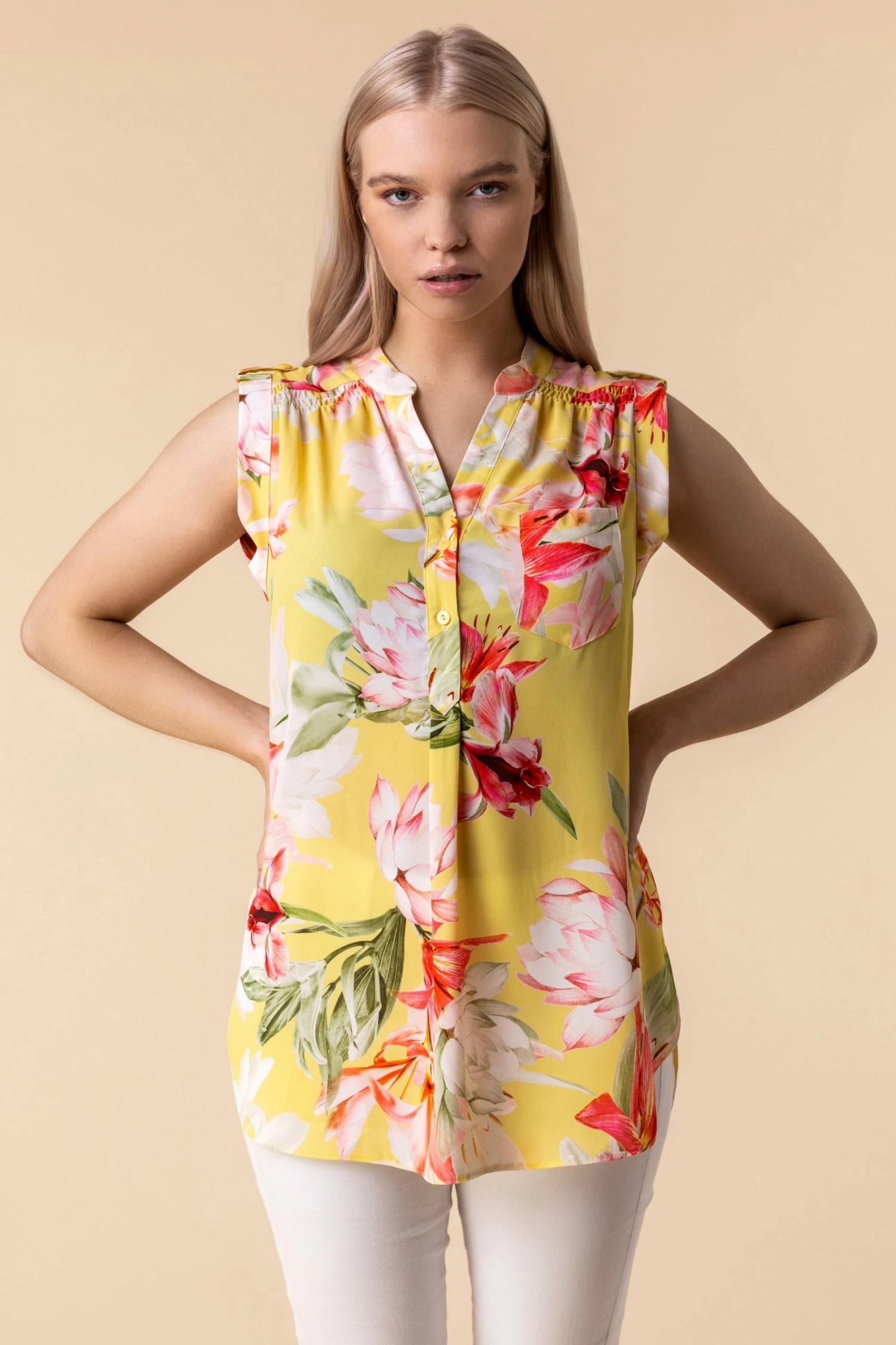 Roman Yellow Floral Print Button Though Blouse 3 Roman Yellow Floral Print Button Though Blouse