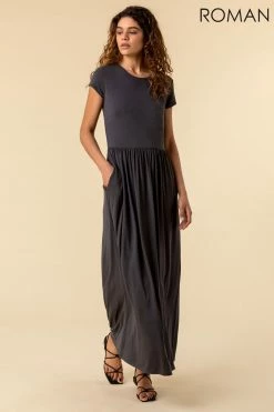 Roman Grey Gathered Skirt Maxi Dress -Roman Sales Shop unnamed file 764