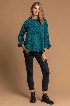 Roman Blue Animal Print Frill Hem Top