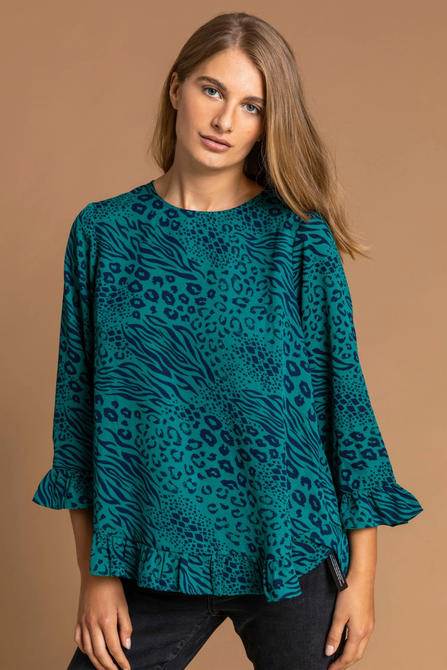 Roman Blue Animal Print Frill Hem Top 4 Roman Blue Animal Print Frill Hem Top - Image 2