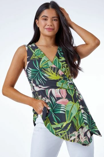 Roman Black Petite Tropical Print Buckle Detail Wrap Top 9 Roman Black Petite Tropical Print Buckle Detail Wrap Top - Image 7