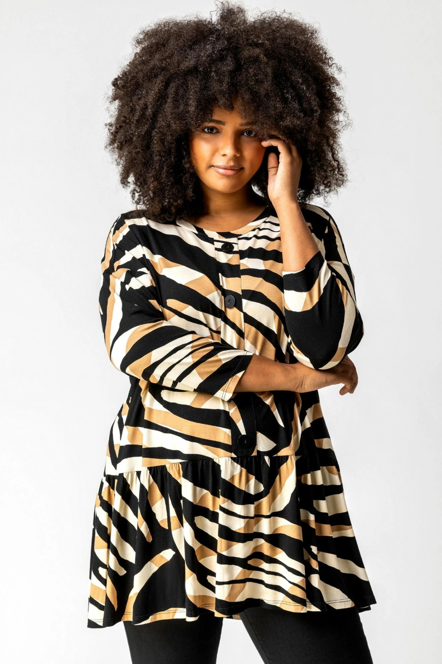 Roman White Curve Animal Print Button Smock Top 3 Roman White Curve Animal Print Button Smock Top