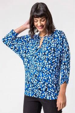 Roman Blue Abstract Spot Keyhole Detail Blouson Top