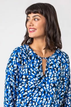 Roman Blue Abstract Spot Keyhole Detail Blouson Top -Roman Sales Shop unnamed file 7684