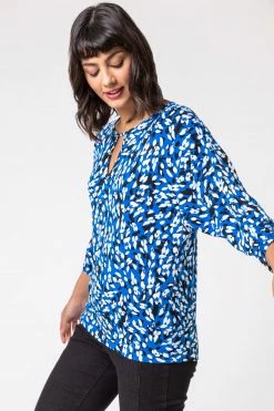 Roman Blue Abstract Spot Keyhole Detail Blouson Top -Roman Sales Shop unnamed file 7685