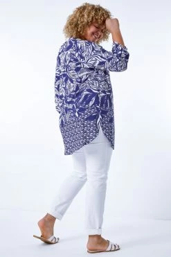 Roman Blue Curve Tropical Border Print Blouse -Roman Sales Shop unnamed file 7689