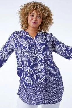 Roman Blue Curve Tropical Border Print Blouse -Roman Sales Shop unnamed file 7692