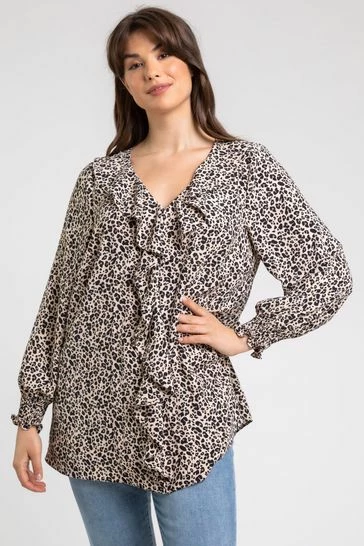 Roman Brown Curve Animal Print Frill Detail Top 7 Roman Brown Curve Animal Print Frill Detail Top - Image 5