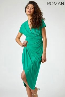 Roman Green Ruched Front Midi Wrap Dress