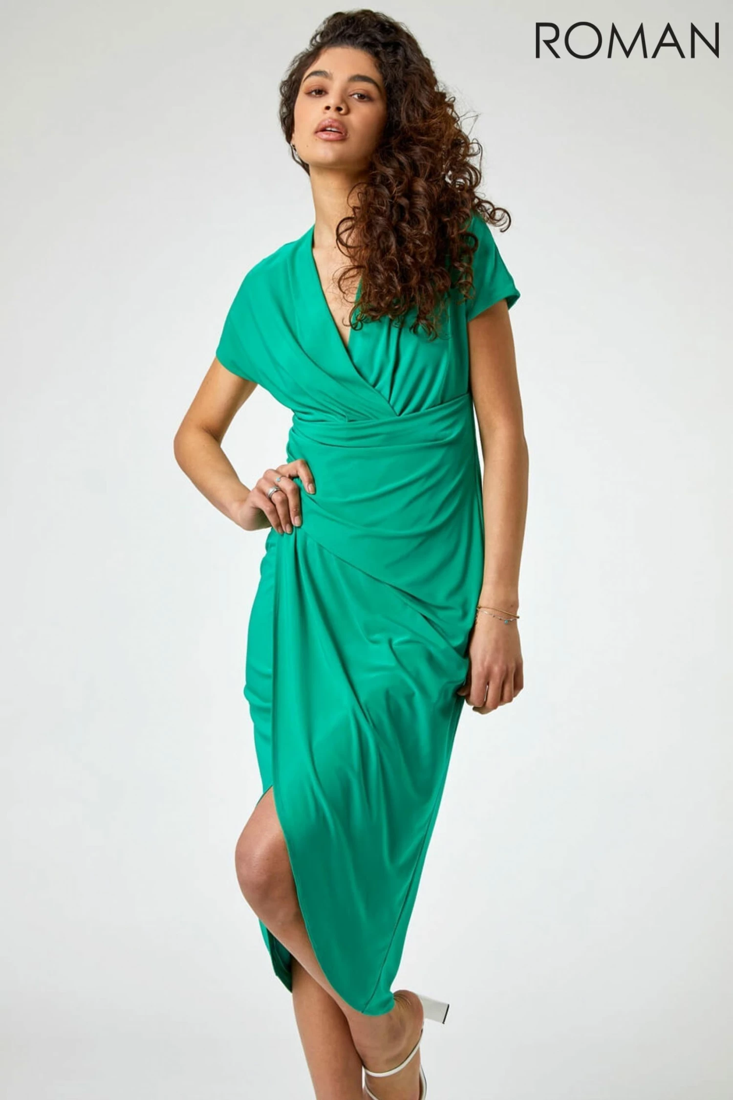 Roman Green Ruched Front Midi Wrap Dress 3 Roman Green Ruched Front Midi Wrap Dress